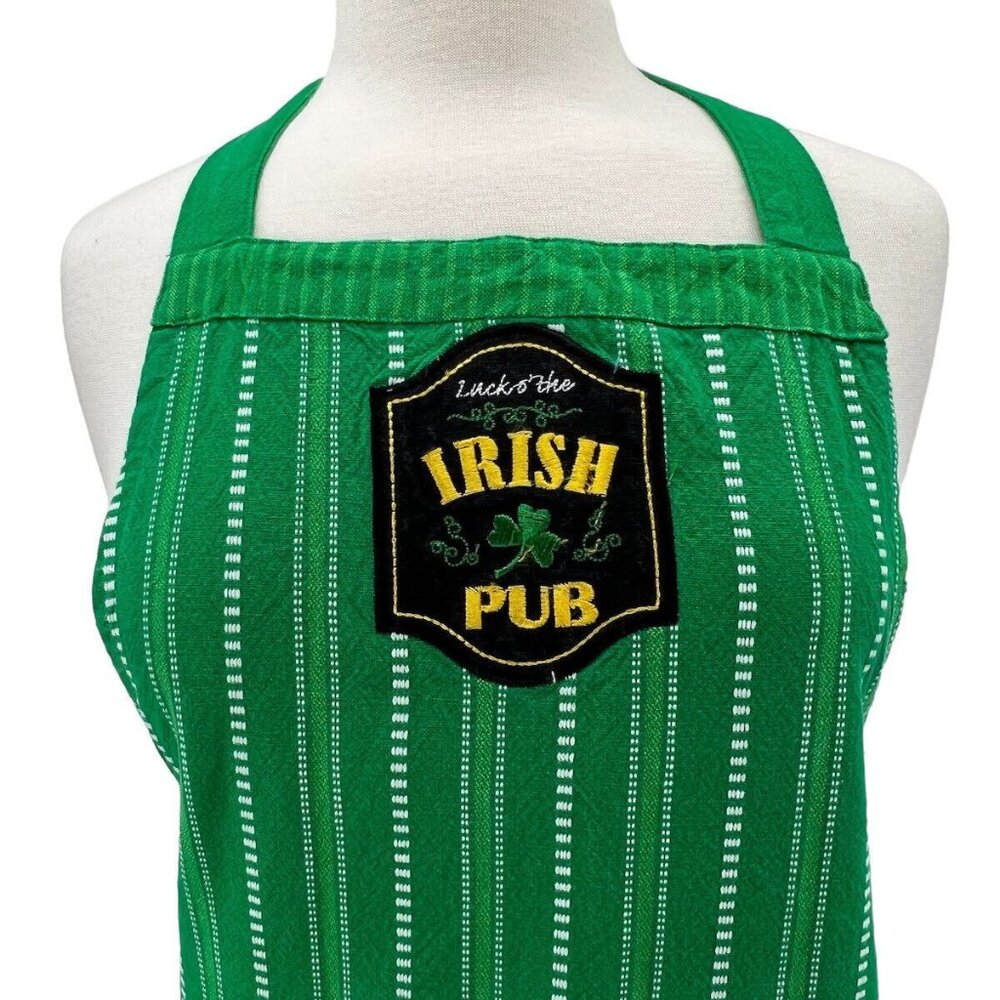 Irish Pub Green Apron With "Luck O The Irish" Embroidery & Pockets